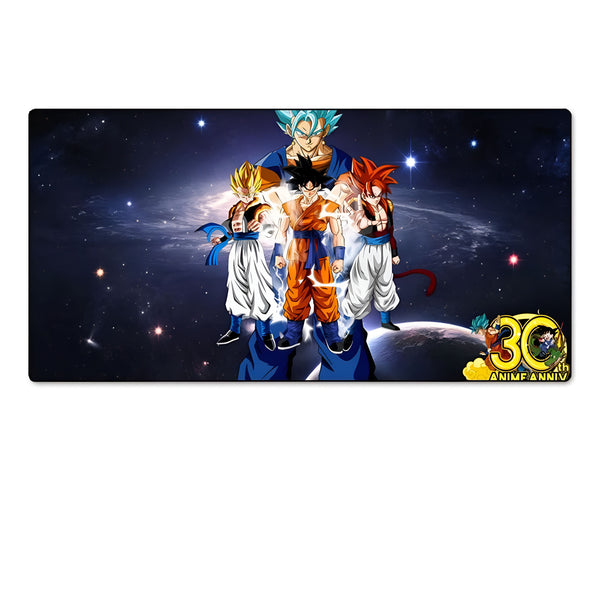 Une image de Son Goku, Vegeta, Gohan et Trunks dans leurs formes Super Saiyan 4. Ils sont sur un fond d'espace avec des étoiles et des planètes.,TA-706156752X