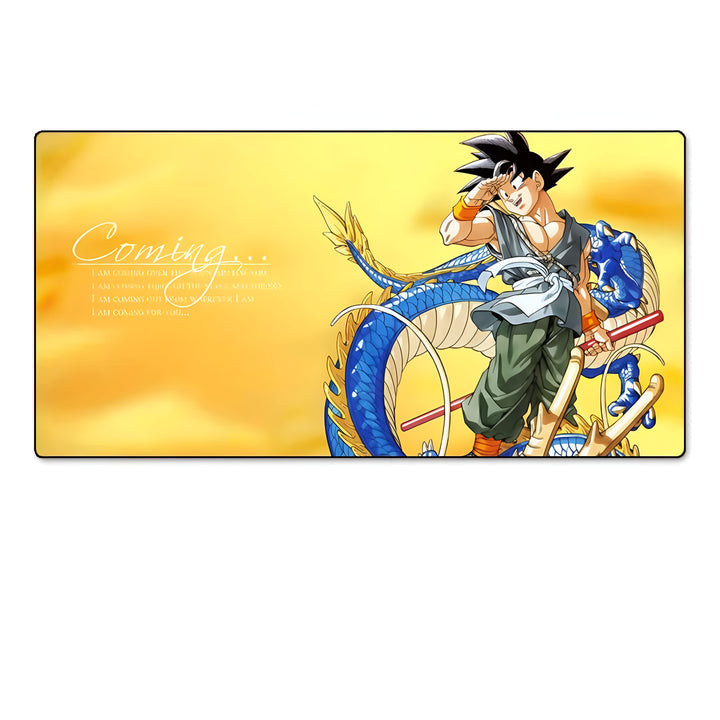 Une image de Son Goku, un personnage de la série animée Dragon Ball Z. Il est debout sur un dragon bleu et porte un bâton. Le fond est jaune et il y a du texte en anglais qui dit "Coming".,TA-3073023127