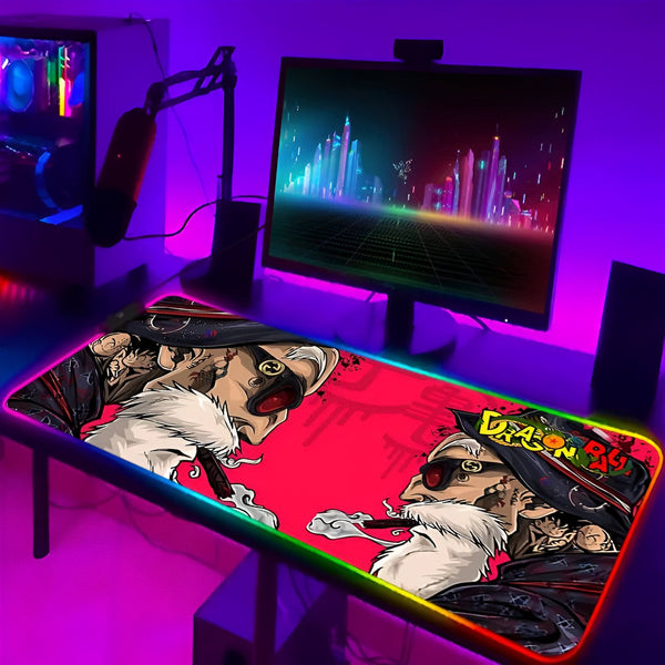 L'image représente un tapis de souris de couleur rose avec deux personnages de l'anime Dragon Ball Z, Son Goku et Vegeta, en train de fumer. Le tapis de souris est éclairé par une lumière LED RGB.,TA-5229908246,TA-7412083872,TA-146410865X