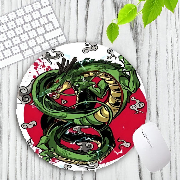 Une image d'un tapis de souris rond avec un dragon vert enroulé sur un fond rouge et blanc.,TA-5862507418