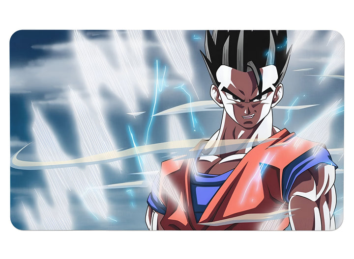 Une image de Son Gohan, un personnage de la série animée Dragon Ball Z. Il est représenté en train de se mettre en position de combat, avec les cheveux hérissés et les muscles tendus. Il est vêtu d'un kimono orange et bleu. En arrière-plan, on peut voir des éclairs et des nuages.,TA-8863295069,TA-6358165410