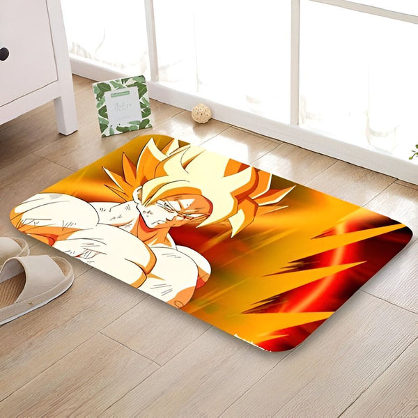 Une image de Son Goku, un personnage de la série animée Dragon Ball Z. Il est représenté en train de se battre, avec ses cheveux blonds hérissés et ses muscles saillants. Le fond est orange et jaune.,TA-4612032314,TA-4758196958