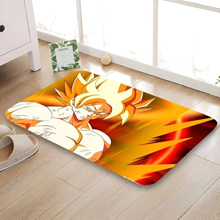 Une image de Son Goku, un personnage de la série animée Dragon Ball Z. Il est représenté en train de se battre, avec ses cheveux blonds hérissés et ses muscles saillants. Le fond est orange et jaune.,TA-4612032314,TA-4758196958