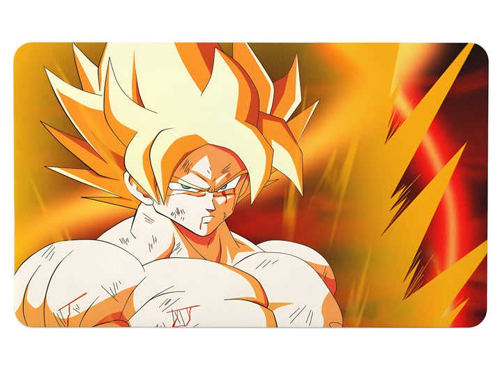Une image de Son Goku, un personnage de la série animée Dragon Ball Z. Il est représenté en train de se battre, avec ses cheveux blonds hérissés et ses muscles saillants. Il est entouré d'une aura jaune et rouge.,TA-4612032314,TA-4758196958