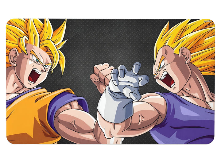 L'image représente deux personnages de dessins animés, Goku et Vegeta, qui se regardent avec colère. Goku est un personnage aux cheveux jaunes et aux yeux bleus, vêtu d'un costume orange et bleu. Vegeta est un personnage aux cheveux jaunes et aux yeux bleus, vêtu d'un costume violet et jaune.,TA-9281704056,TA-2832110266