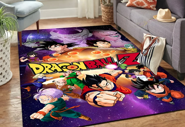 Une image d'un tapis Dragon Ball Z. Le tapis est violet et présente des personnages de la série Dragon Ball Z, notamment Goku, Vegeta, Gohan, Piccolo, Krilin et Trunks.,TA-1472188519,TA-2076054782