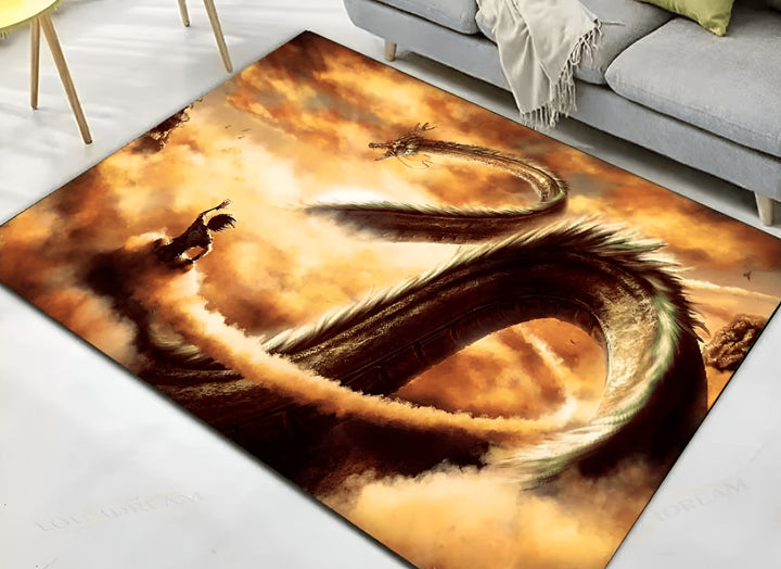 Une illustration de Son Goku, un personnage de Dragon Ball Z, en train de combattre un dragon. Le tapis est de couleur orange et marron.,TA-7024707143,TA-9936926366