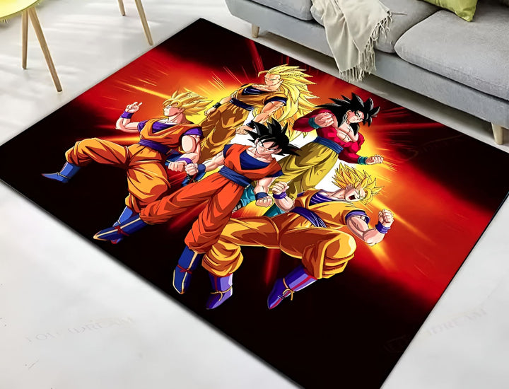 Une image de Son Goku, le personnage principal de la série animée Dragon Ball Z. Il est représenté en train de se battre contre un autre personnage, Vegeta. Le tapis est rouge et noir, avec des motifs de flammes.,TA-9770483133,TA-7276309134