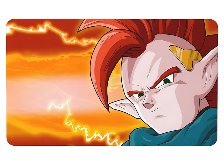 L'image représente un personnage de dessin animé aux cheveux rouges et aux yeux verts. Il porte une combinaison bleue et verte. Le fond est orange et il y a des éclairs.,TA-8368931223,TA-6883239332