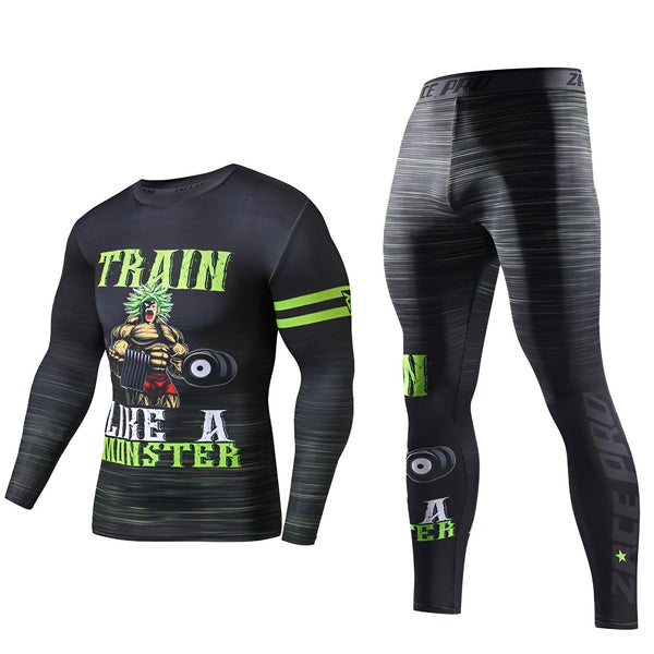 Une image d'un ensemble de vêtements de sport pour homme. Le haut est noir avec des manches longues et un col rond. Il y a un imprimé vert sur le devant avec le texte "TRAIN LIKE A MONSTER". Le bas est noir avec des rayures grises et une étoile verte sur la jambe gauche.,TE-9158478906,TE-1245081071,TE-5000455452,TE-8947299146,TE-6230729628