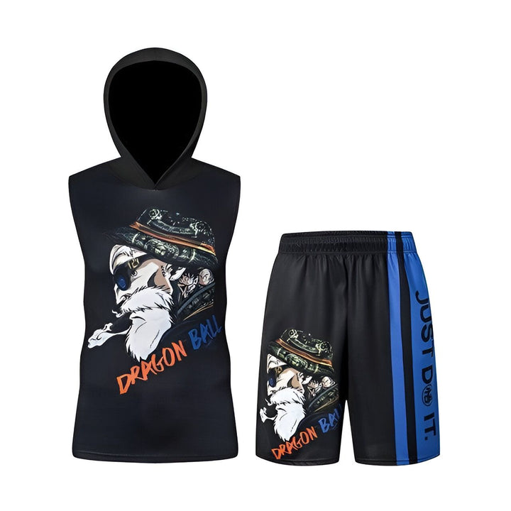 L'image montre un ensemble de vêtements de sport Dragon Ball. Il comprend un débardeur noir à capuche et un short noir. Le débardeur présente une image de Goku, un personnage de la série Dragon Ball. Le short est noir avec des rayures bleues sur les côtés.,TE-2579097376,TE-8146515320,TE-9356925690,TE-7764661767,TE-8916000777