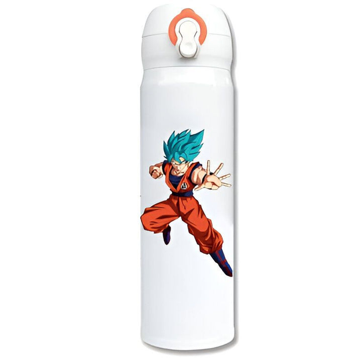 Une bouteille thermos blanche avec un dessin de Son Goku, un personnage de Dragon Ball Z. Son Goku est un Saiyan, une race extraterrestre guerrière. Il est le protagoniste de la série Dragon Ball Z.,TH-7973441859