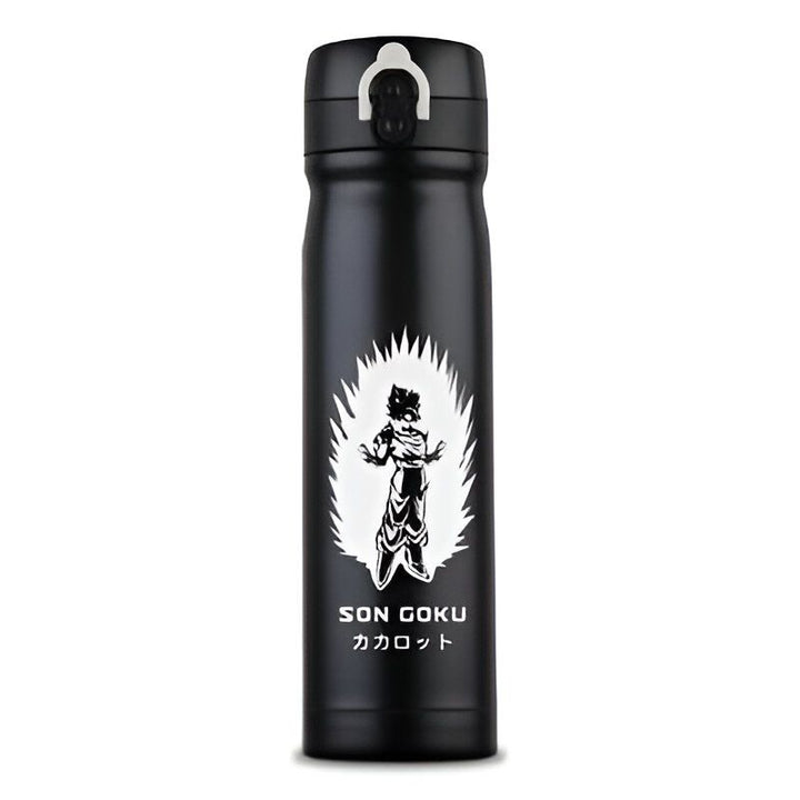 Une bouteille thermos noire avec un dessin de Son Goku, un personnage de Dragon Ball Z.,TH-5810101321