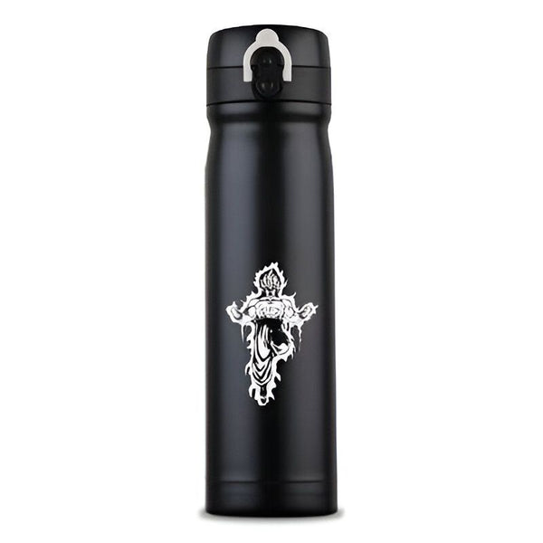 Une bouteille thermos noire avec un dessin de Son Goku, un personnage de Dragon Ball Z.,TH-6652143380