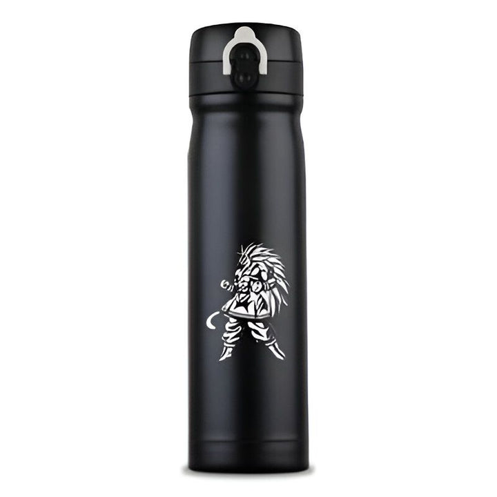 Une bouteille thermos noire avec un dessin de Son Goku, un personnage de Dragon Ball Z.,TH-0987472356
