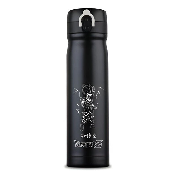Une bouteille thermos noire avec un dessin de Son Goku, un personnage de Dragon Ball Z.,TH-678932562X