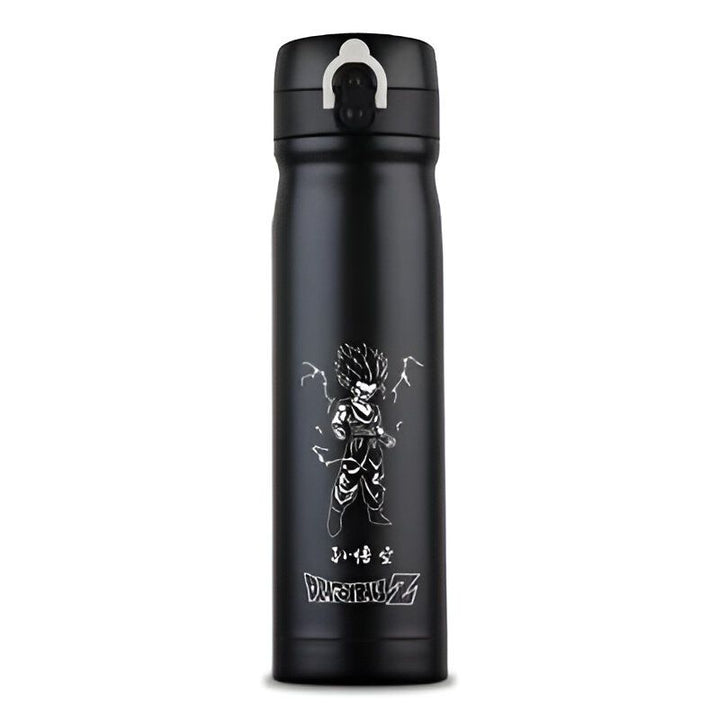 Une bouteille thermos noire avec un dessin de Son Goku, un personnage de Dragon Ball Z.,TH-678932562X