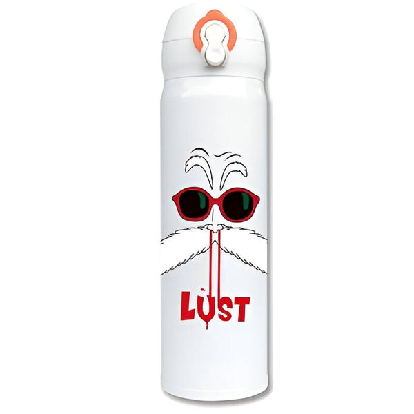 Une gourde blanche avec le visage de Tortue Géniale, un personnage de Dragon Ball Z. Il porte des lunettes de soleil rouges et a une moustache blanche. Le texte "LUST" est écrit en rouge sur la gourde.,TH-1822801362