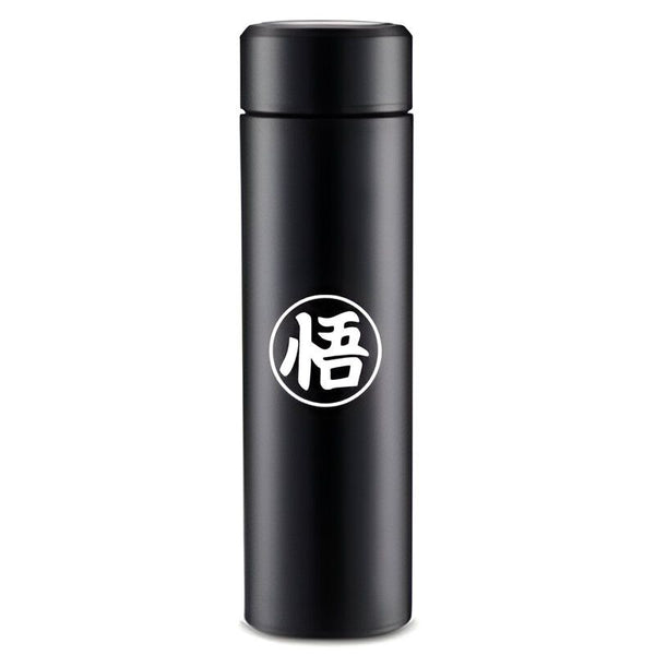 Une image d'une bouteille thermos noire avec un symbole blanc de la série animée japonaise Dragon Ball Z.,TH-4771444617