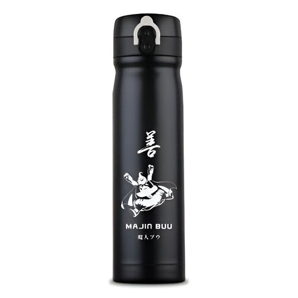 Une image d'une bouteille thermos noire avec un motif de Majin Buu, un personnage de Dragon Ball Z.,TH-3309040917