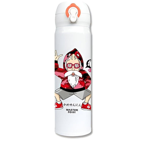 Une image d'une bouteille thermos blanche avec un personnage de dessin animé dessus. Le personnage est un vieil homme avec une longue barbe blanche et des lunettes de soleil. Il porte un chapeau rouge et un pantalon bleu. Il est entouré de texte en japonais.,TH-8046220744