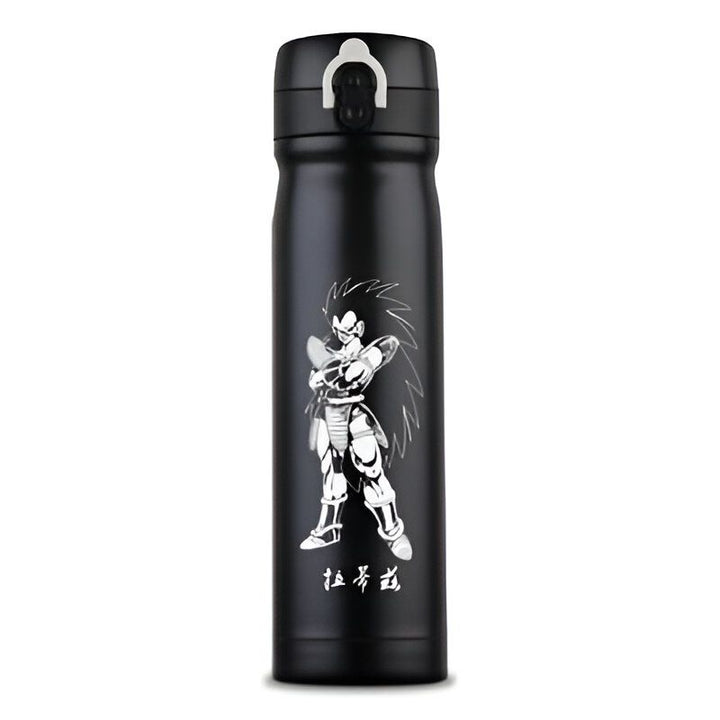 Une image d'une bouteille thermos noire avec une illustration de Vegeta, un personnage de Dragon Ball Z.,TH-9830781437