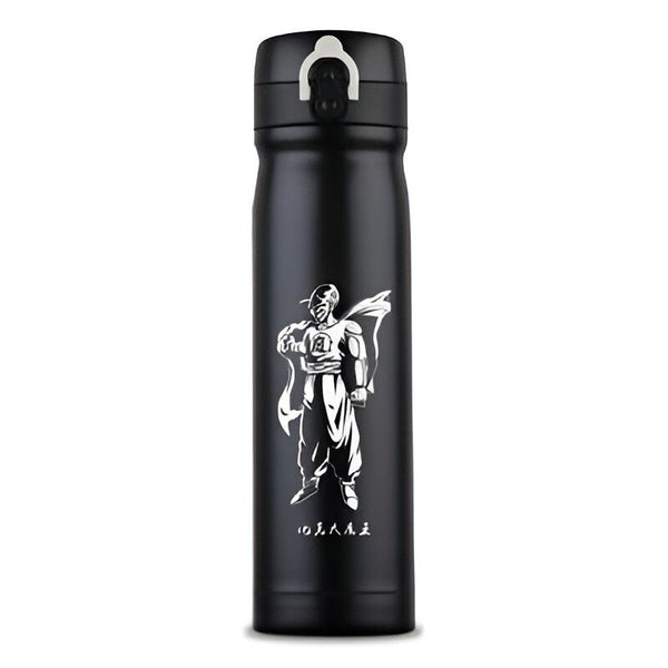 Une image d'une bouteille thermos noire avec un personnage de Dragon Ball Z, Piccolo, dessus.,TH-9431024497