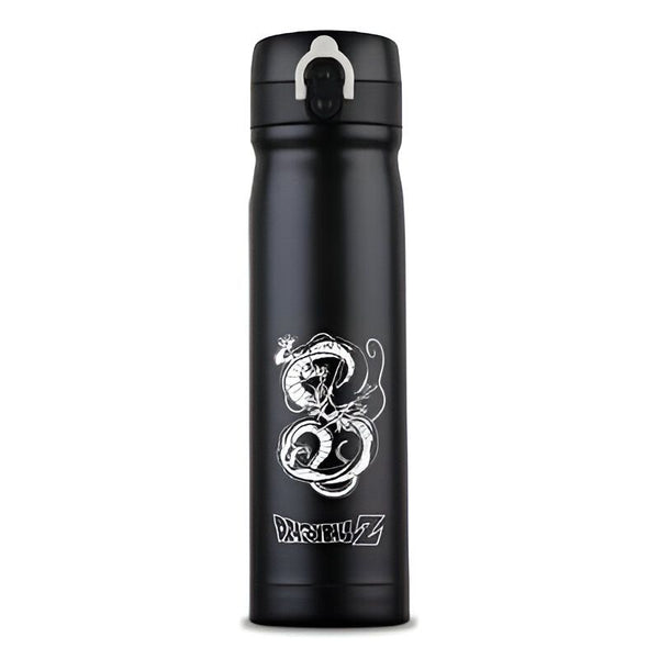 Une bouteille thermos noire avec un dessin de Shenron, un dragon blanc, dessus. Le logo de Dragon Ball Z est écrit en blanc sur le côté.,TH-8795157921