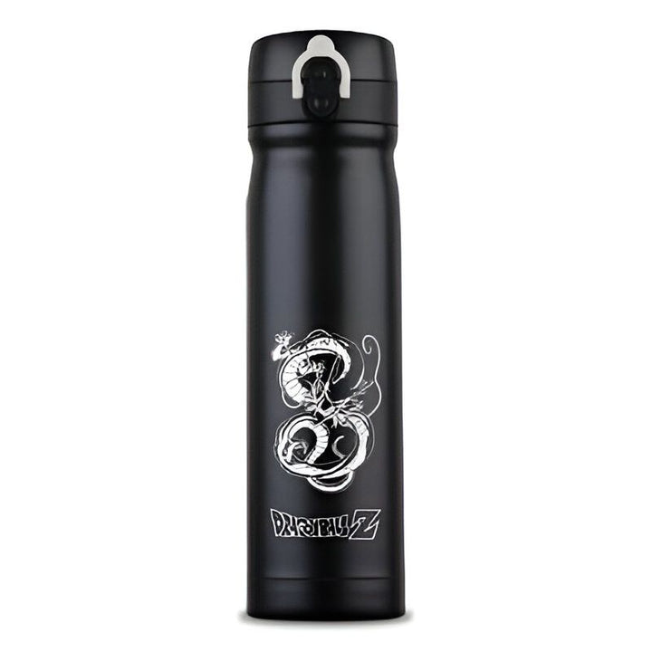Une bouteille thermos noire avec un dessin de Shenron, un dragon blanc, dessus. Le logo de Dragon Ball Z est écrit en blanc sur le côté.,TH-8795157921