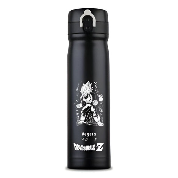 Une image d'une bouteille thermos noire avec un dessin de Vegeta, un personnage de Dragon Ball Z.,TH-3982342902