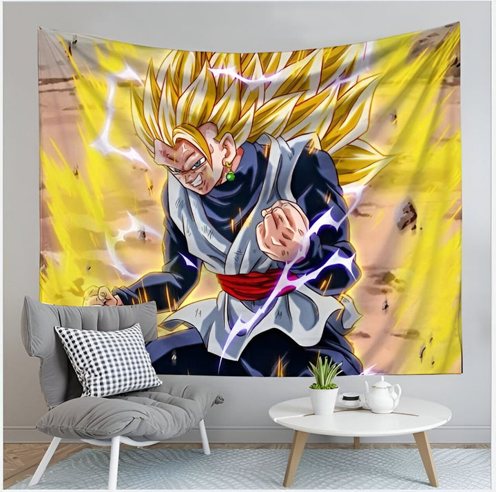 Une tapisserie murale de Son Goku, un personnage de la série animée Dragon Ball Z. Il est représenté en train de se battre, avec ses cheveux blonds hérissés et ses yeux bleus. Il porte une combinaison noire et une ceinture rouge. La tapisserie est de couleur jaune et mesure 150x130 cm.,TO-5034479060,TO-0608449199,TO-8625848486,TO-6940038973,TO-2942929243