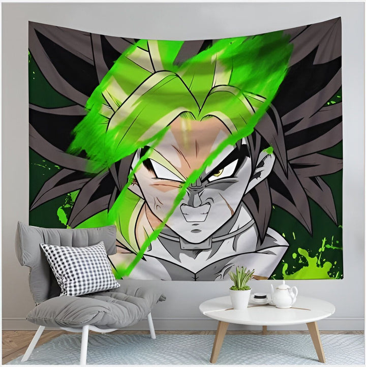 Une tapisserie murale de Broly, un personnage de Dragon Ball Z. Il est représenté avec ses cheveux verts et ses yeux jaunes, et il est en train de se mettre en colère. La tapisserie est verte et noire, et elle est faite d'un tissu doux et léger.,TO-293467486X,TO-795752530X,TO-1656331063,TO-7847445964,TO-2046805879