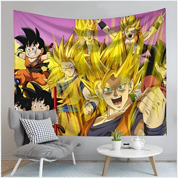 Une tapisserie murale montrant Son Goku, un personnage de la série animée Dragon Ball Z. Il est représenté dans différentes positions et expressions, entouré d'un fond jaune et rose.,TO-5382423105,TO-444743704X,TO-3521669610,TO-2434724892,TO-418792535X