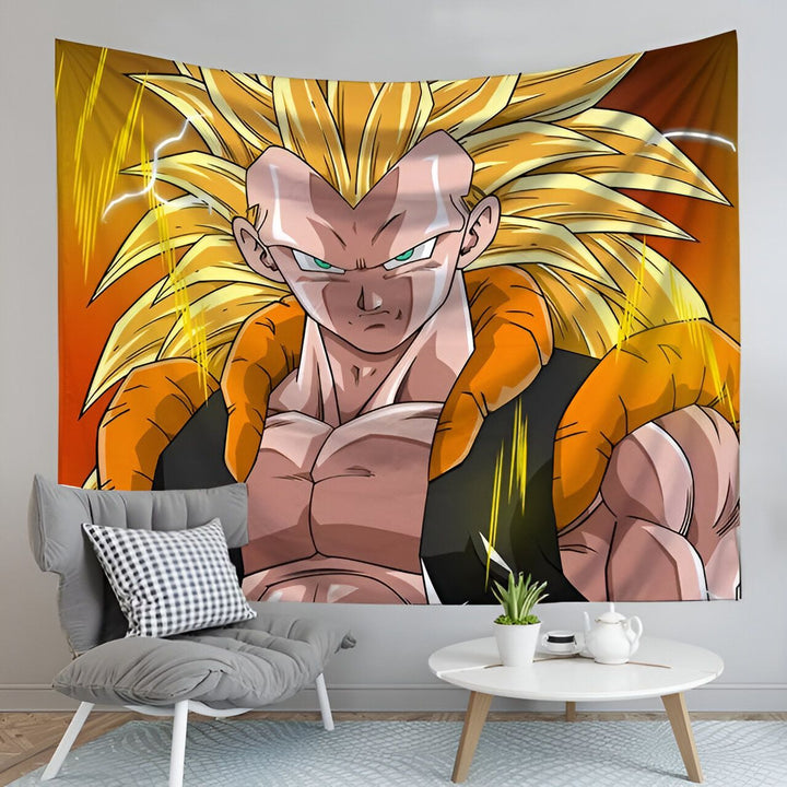 Une tapisserie murale de Son Goku, un personnage de la série animée Dragon Ball Z. Il est représenté en Super Saiyan 3, avec les cheveux longs et blonds et les yeux bleus. Il est vêtu d'un gilet orange et d'un pantalon bleu. Il est en position de combat, le poing droit en avant. En arrière-plan, on peut voir des éclairs jaunes.,TO-2362832546,TO-5736149052,TO-8309796714,TO-4867960101,TO-7199723342