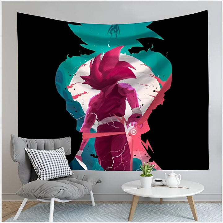 Une tapisserie murale représentant Son Goku, un personnage de la série animée Dragon Ball Z. Il est représenté de dos, en train de se transformer en Super Saiyan. La tapisserie est de couleur noire avec des contours rouges et bleus.,TO-1474441262,TO-6899705729,TO-0683788736,TO-3134116979,TO-5213552056