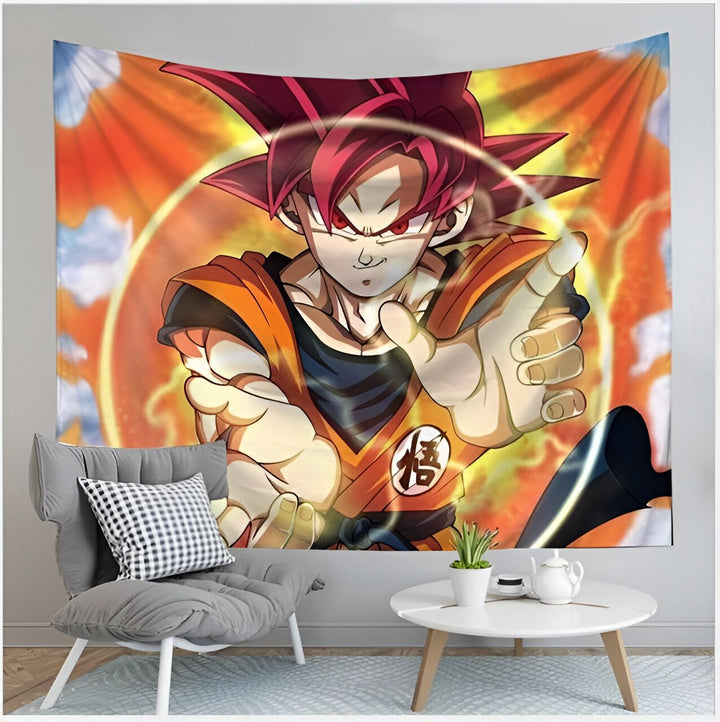 Une tapisserie murale de Son Goku, un personnage de la série animée Dragon Ball Z. Il est représenté en train de se préparer à attaquer, avec les cheveux rouges et les yeux bleus. Il porte une combinaison orange et bleue.,TO-9572747673,TO-1380231787,TO-2496589050,TO-2244875504,TO-6834406905