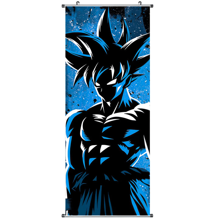 Une illustration de Son Goku, un personnage de la série animée Dragon Ball Z. Il est représenté de face, avec les cheveux bleus hérissés et les yeux bleus. Il porte une combinaison bleue et orange et une ceinture bleue. Il est entouré d'un fond bleu avec des éclairs blancs.,TO-2734868512