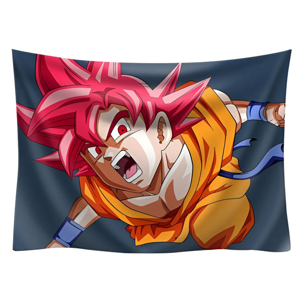 Une illustration de Son Goku, un personnage de la série animée Dragon Ball Z. Il est représenté avec les cheveux rouges et les yeux rouges, et porte une combinaison orange et bleue. Il est en train de crier et de se battre.,TO-035439407X,TO-9663869186,TO-3555696823