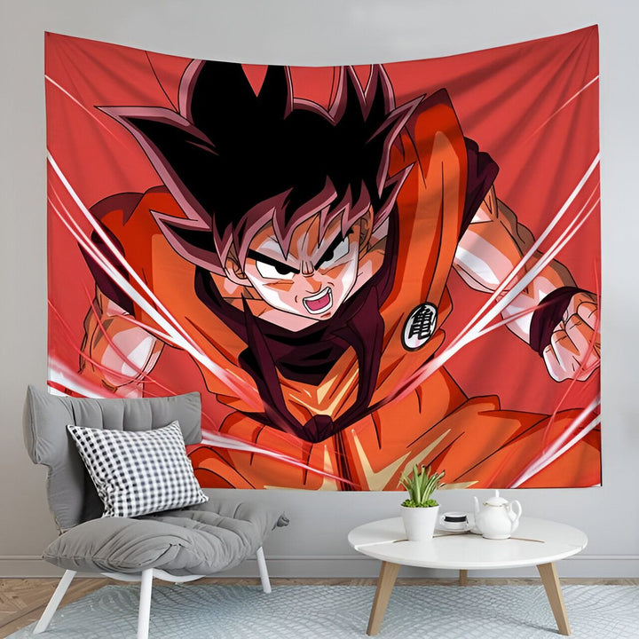 Une tapisserie murale de Son Goku, un personnage de la série animée Dragon Ball Z. Il est représenté en train de se battre, avec ses cheveux noirs hérissés et sa combinaison orange. En arrière-plan, on peut voir des éclairs rouges.,TO-3316199101,TO-6542260447,TO-215251999X,TO-471832176X,TO-2642627160