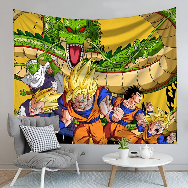 Une tapisserie murale représentant les personnages de la série animée Dragon Ball Z. On y voit Goku, Vegeta, Gohan, Trunks et Krilin.,TO-4753458830,TO-773749023X,TO-8623802330,TO-0800534689,TO-2004575425