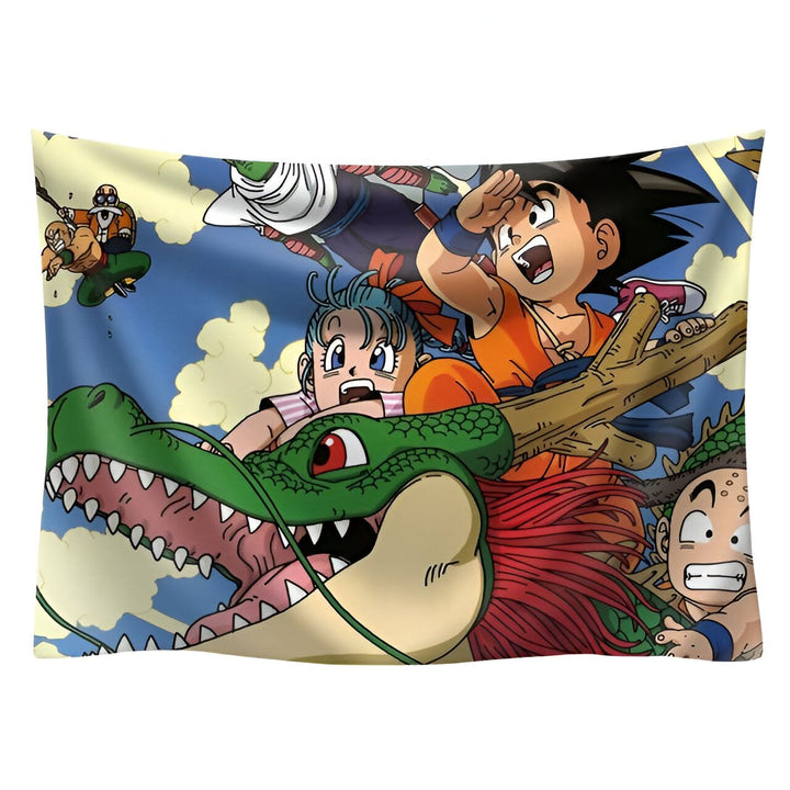 Une fresque représentant les personnages du dessin animé Dragon Ball Z. On y voit Goku, Bulma, Tortue Géniale, Krilin et Gohan chevauchant Shenron, le dragon sacré.,TO-9677787063,TO-7564498846,TO-7446469374