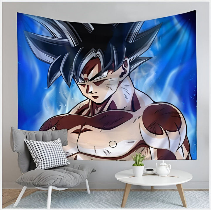 Une tapisserie murale de Son Goku, un personnage de la série animée Dragon Ball Z. Il est représenté en train de se transformer en Super Saiyan, avec les cheveux bleus et les yeux bleus. Il est entouré d'une aura bleue.,TO-0916620794,TO-2616500299,TO-1308314493,TO-1541991311,TO-7022178674