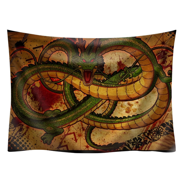 Une illustration de Shenron, le dragon sacré de la série animée japonaise Dragon Ball Z. Il est représenté enroulé sur lui-même, la gueule ouverte et les yeux rouges. L'arrière-plan est constitué de parchemins anciens et de symboles japonais.,TO-6455732723,TO-8507875556,TO-9787663644