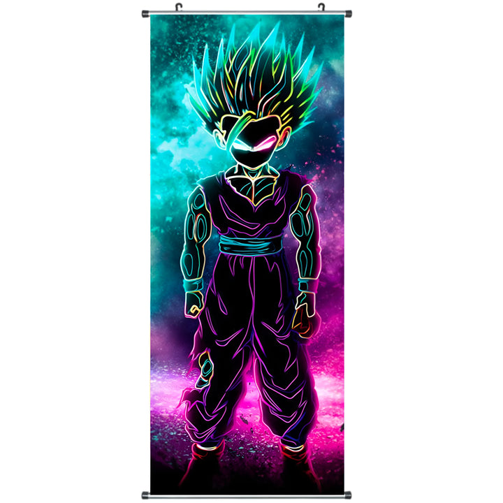 Une image de Son Gohan, un personnage de Dragon Ball Z. Il est représenté en Super Saiyan, avec les cheveux bleus et les yeux verts. Il est entouré d'une aura violette et bleue.,TO-0654064555