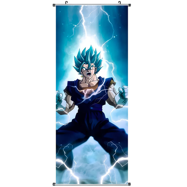 Une image de Vegeta, un personnage de la série animée Dragon Ball Z. Il est représenté en train de se transformer en Super Saiyan Blue, une transformation qui lui donne des cheveux bleus et une aura bleue. Il est entouré d'éclairs bleus.,TO-1257251392,TO-8238251982