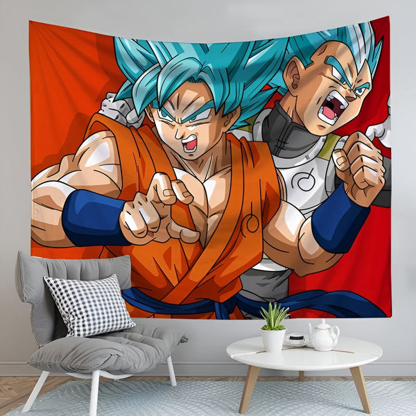 Une tapisserie représentant Son Goku et Vegeta, deux personnages de la série animée Dragon Ball Z. Son Goku est un Saiyan, une race extraterrestre guerrière, et Vegeta est le prince des Saiyans. Ils sont tous deux très puissants et s'entraînent constamment pour devenir encore plus forts.,TO-9061473446,TO-1399753355,TO-3752916907,TO-7762204229,TO-1624641687