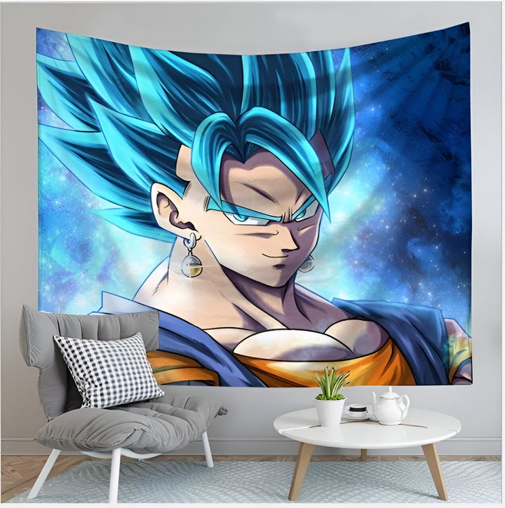 Une tapisserie murale de Son Goku, un personnage de la série animée Dragon Ball Z. Il est représenté avec les cheveux bleus et l'air déterminé. Il porte une combinaison orange et bleue. La tapisserie est bleue avec des étoiles et des planètes en arrière-plan.,TO-4813114415,TO-9234154991,TO-3066592111,TO-4382327709,TO-4302072555