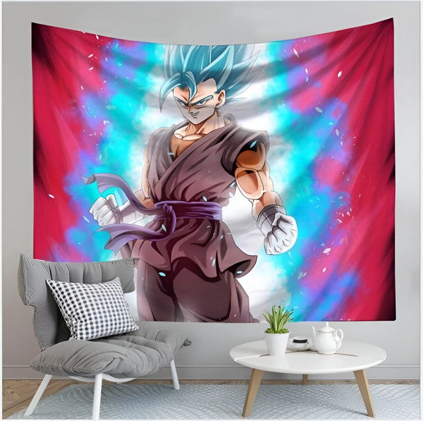 Une tapisserie murale de Son Goku, un personnage de la série animée japonaise Dragon Ball Z. Il est représenté en train de se battre, avec ses cheveux bleus hérissés et une aura bleue et rouge l'entourant.,TO-8714776766,TO-9613479198,TO-6749882110,TO-2257880269,TO-7614306465