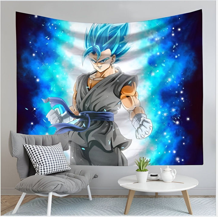 Une tapisserie murale de Son Goku, un personnage de la série animée japonaise Dragon Ball Z. Il est représenté en train de se battre, avec ses cheveux bleus hérissés et son aura bleue.,TO-0986848115,TO-3003983482,TO-1200355504,TO-3672459593,TO-7052685671