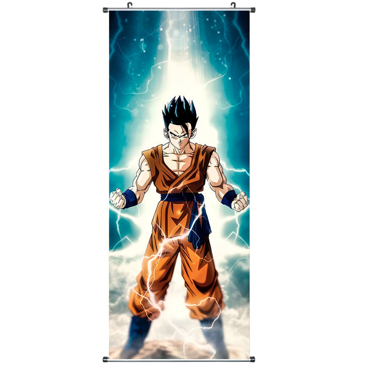 Une image de Son Gohan, un personnage de la série animée Dragon Ball Z. Il est représenté en train de se battre, avec une aura bleue autour de lui.,TO-1859455565,TO-1193941563